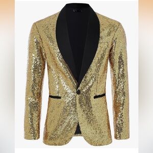 Gold Sequin Mens Blazer with Black Satin Lapel